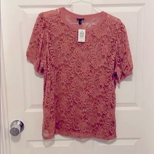 Dusty Coral Sheer Lace Puff Sleeve Tee